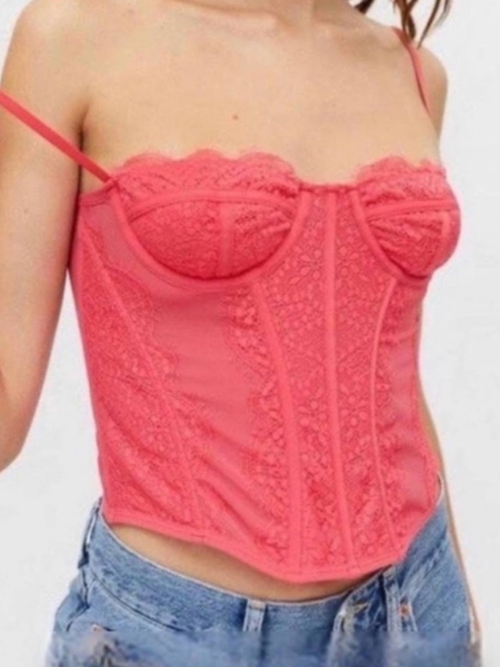 Urban Outfitters NWOT Coral Pink Lace Bustier Corset Crop Top - Size Medium